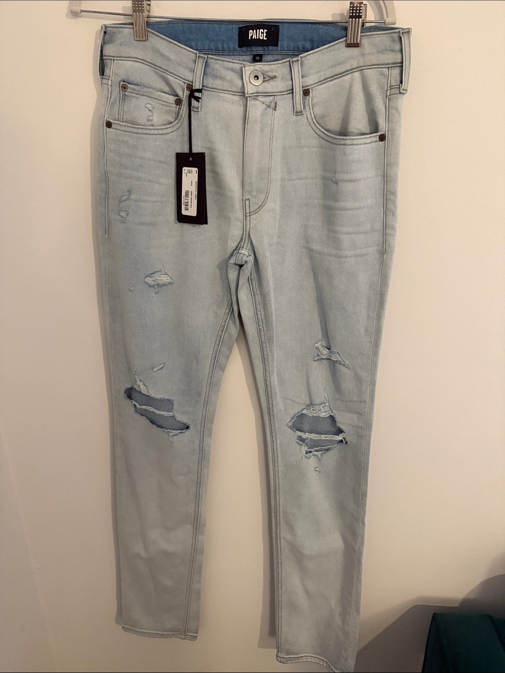 NWT PAIGE Lennox Vintage Inspired Slim Straight Distressed Jeans 31 Light Wash - Picture 2 of 10